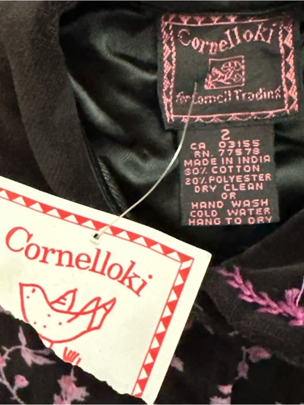 Vintage Cornelloki Cornell Trading Collared Velour Pink Floral Black Dress 2T